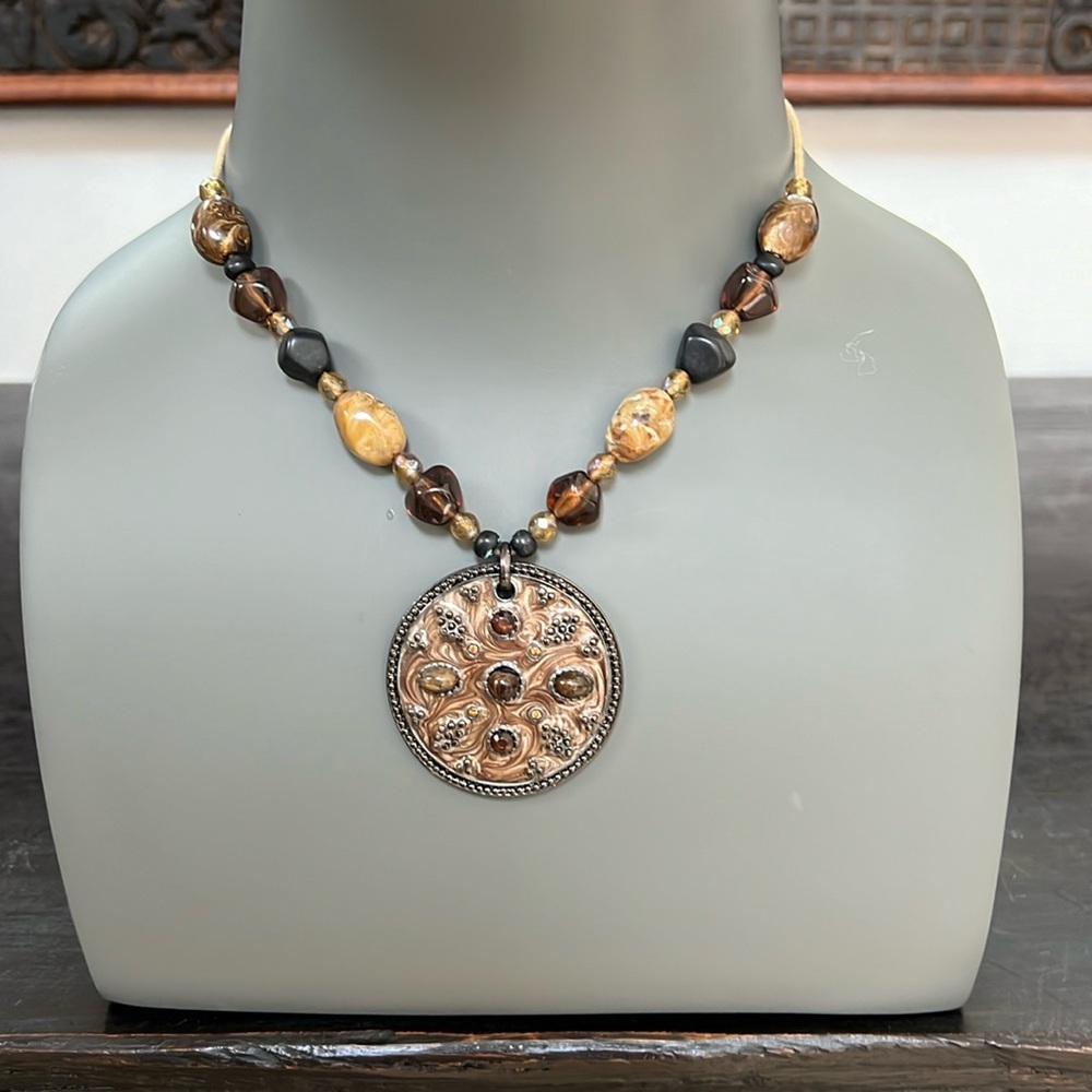 Glass medallion necklace brown black tan beaded adjustable